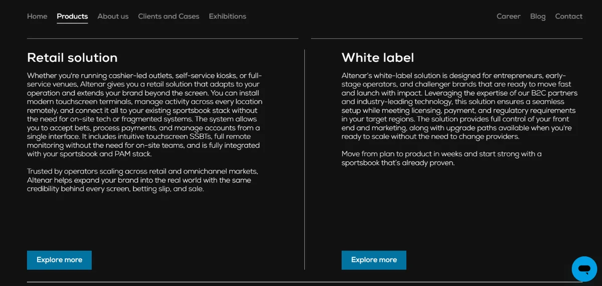 Altenar products page showing its retail and white label solutions