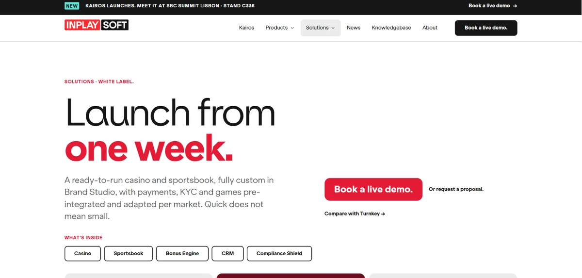 InPlaySoft white label page: launch from one week